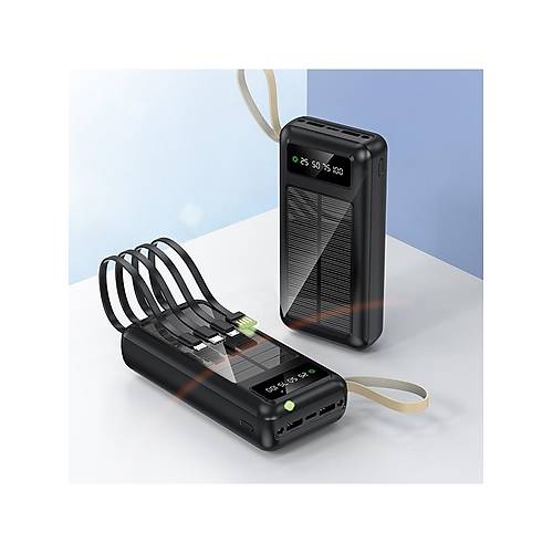 PW-61 Solar Panelli LCD Göstergeli Dahili Kablolu Powerbank 30.000mAh