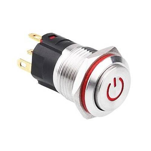 WD16A-G1-C 16mm Çıkık Yaylı Işıklı Power Metal Buton - Kırmızı