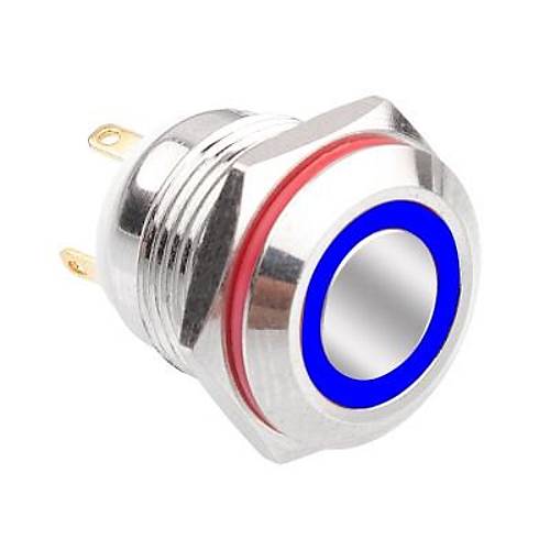 WD16H-P1-E 16mm Düz Yaylı Işıklı Metal Buton - Mavi