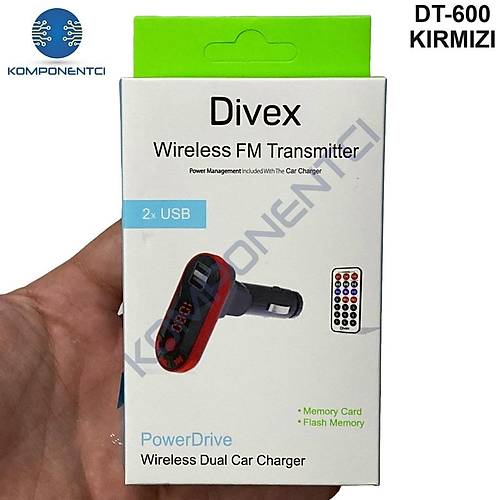 Divex Kumandalı Çakmaklık Girişli Araç Fm Transmitter Bluetooth 2xUSB - SD Kart Kırmızı DT-600