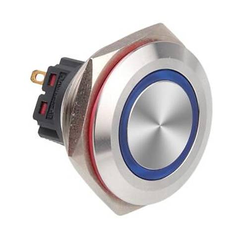WD28B-P1-E 28mm Düz Yaylı Işıklı Metal Buton - Mavi