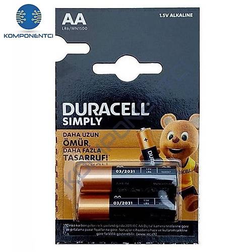 Duracell Simply 1.5V Alkaline AA Kalem Pil 2'li Paket