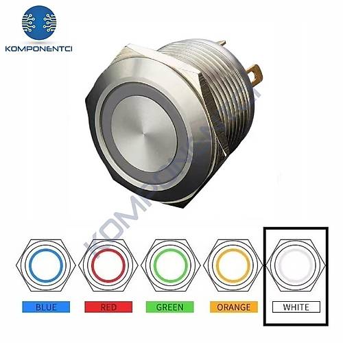 D39 16mm Metal Beyaz Halka Ledli Yaylı Buton 12V