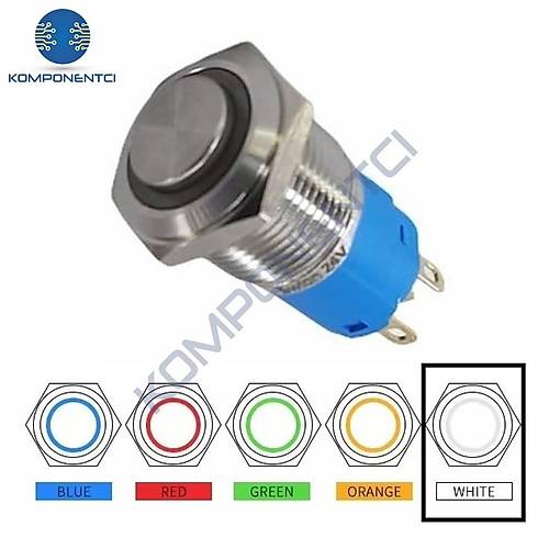D24 16mm Metal Beyaz Halka Ledli Kalıcı Buton 24V