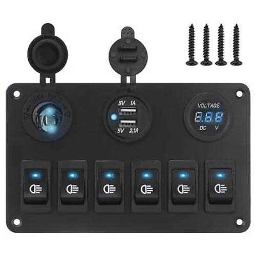 6'lı ON-OFF Mavi Işıklı Anahtar Switch Panel 2x5V USB Çakmaklık ve Voltaj Göstergeli