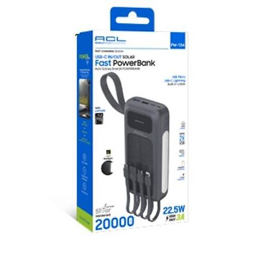 PW-134 Solar Panelli Dahili Kablolu 22.5W Hızlı Şarjlı Powerbank 20.000mAh