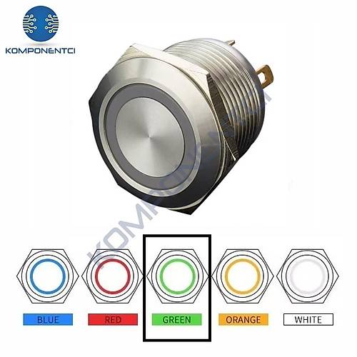 D35 16mm Metal Yeşil Halka Ledli Yaylı Buton 12V