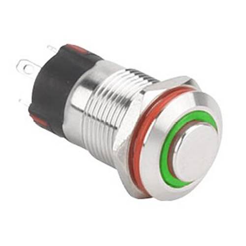 WD12A-G1-E 12mm Çıkık Yaylı Işıklı Metal Buton - Yeşil