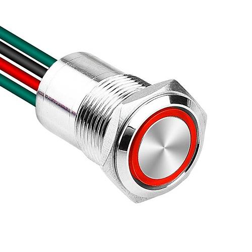 WD16D1-P2-E 16mm Düz Yaylı Işıklı Kablolu Metal Buton - Kırmızı