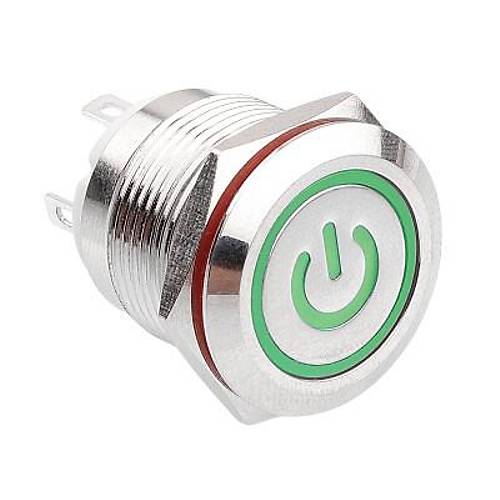 WD19H-P1-EC 19mm Düz Yaylı Işıklı Power Metal Buton - Yeşil