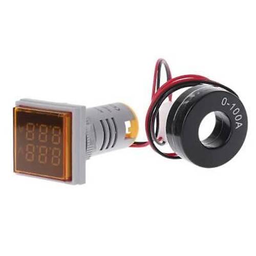 22mm Dijital Voltmetre-Ampermetre AC 20-500V 0-100A Sarı