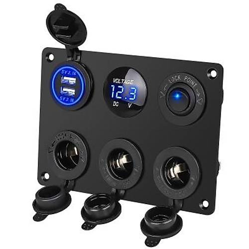 3'lü Dişi Çakmaklık Soketi 2x5V USB Voltaj Göstergeli ve Mavi Nokta Işıklı Anahtar Switch Panel