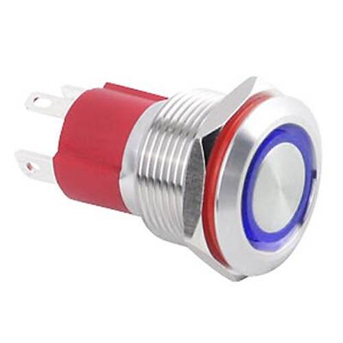 WD19D-P1-E 19mm Düz Yaylı Işıklı Metal Buton - Mavi