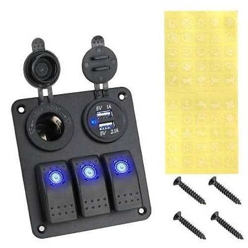 3'lü ON-OFF Işıklı Anahtar Switch Panel 2x5V USB ve Çakmaklık Çıkışlı