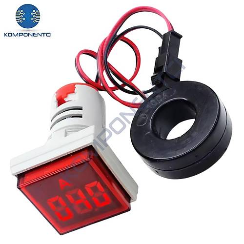 22mm Kırmızı Kare Led Işıklı Ampermetre 0-100A
