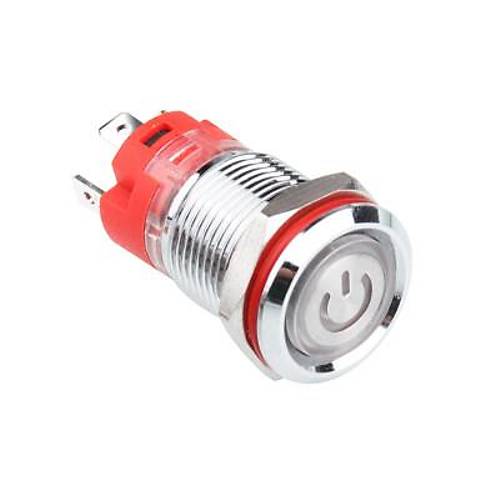 WD12D-P1-EC 12mm Düz Yaylı Işıklı Power Metal Buton - Kırmızı