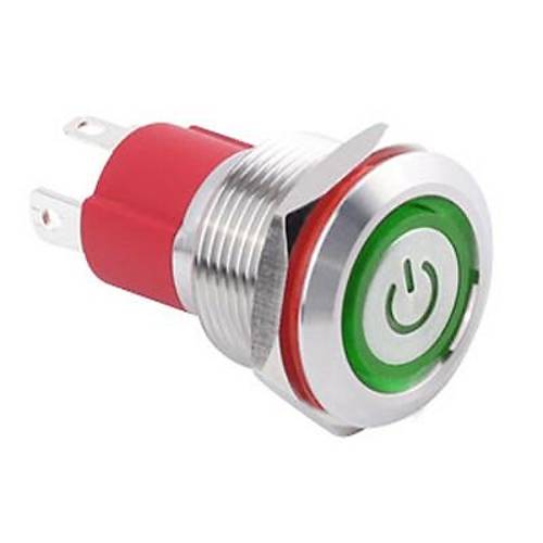 WD19D-P1Z-EC 19mm Düz Anahtarlı Işıklı Power Metal Buton - Yeşil