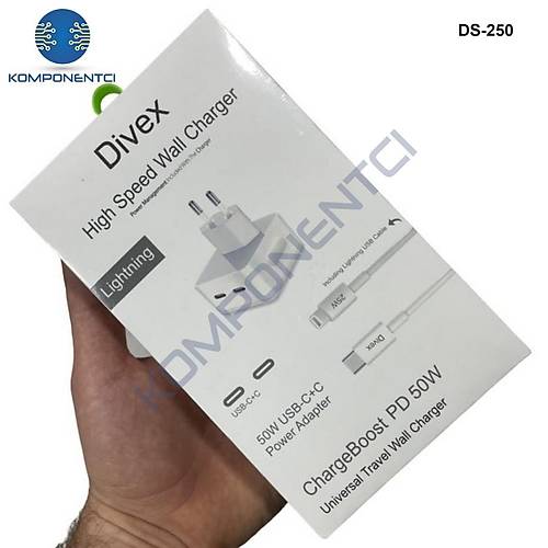Divex 50W 2X Type-C Girişli 25W Kablolu Lightning Şarj Aleti DS-250