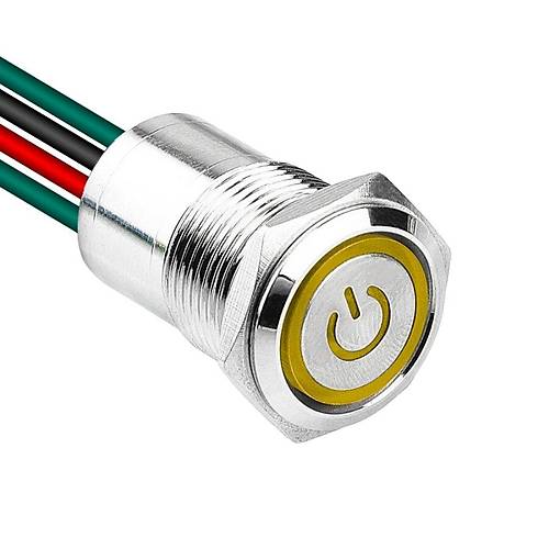 WD16D1-P2-EC 16mm Düz Yaylı Işıklı Power Kablolu Metal Buton - Sarı