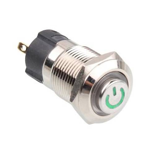 WD12A-G1-C 12mm Çıkık Yaylı Işıklı Power Metal Buton - Yeşil