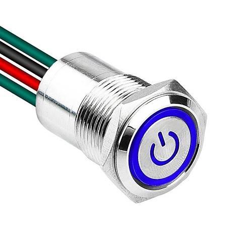 WD16D1-P2Z-EC 16mm Düz Anahtarlı Işıklı Power Kablolu Metal Buton - Mavi