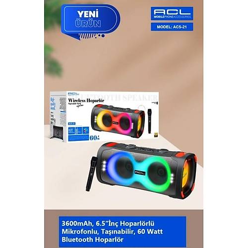 ACS-21 60W Gücünde 2x6.5'' İnç Hoparlörlü Mikrofonlu Taşınabilir Parti Hoparlörü