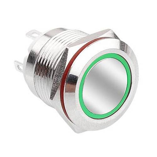 WD19H-P1-E 19mm Düz Yaylı Işıklı Metal Buton - Yeşil