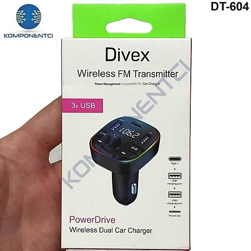 Divex Araç Fm Transmitter Bluetooth 3xUSB - Type-C - SD Kart Çakmaklık Girişli DT-604