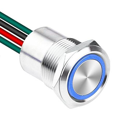 WD19D1-P2-E 19mm Düz Yaylı Işıklı Kablolu Metal Buton - Mavi