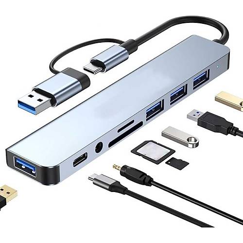 8 Girişli USB Hub Çoklayıcı Dönüştürücü PC Mac Laptop için (Windows 10/11 Uyumlu)