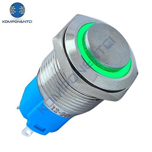 E20 16mm Metal Buton Kalıcılı 12-24V Yeşil Led 1No/1NC