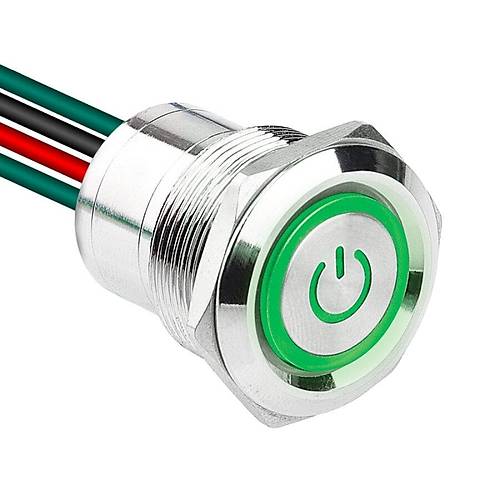 WD22D1-P2Z-EC 22mm Düz Anahtarlı Işıklı Power Kablolu Metal Buton - Yeşil