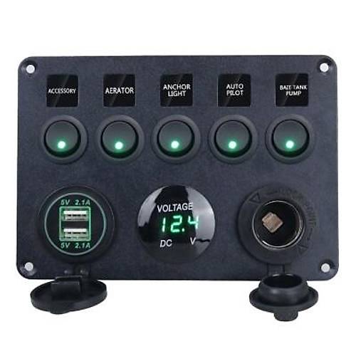 5'li ON-OFF Yeşil Nokta Işıklı Anahtar Switch Panel 2x5V USB Çakmaklık ve Voltaj Göstergeli