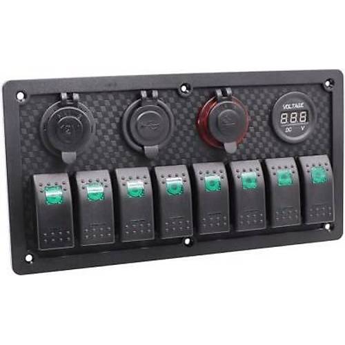 8'li ON-OFF Yeşil Işıklı Anahtar Panel 2x5V USB 2xÇakmaklık ve Voltaj Göstergeli