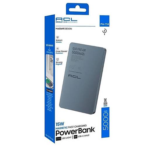 PW-114 15W Hızlı Şarjlı LED Göstergeli USB-C Girişli Powerbank 5000mAh