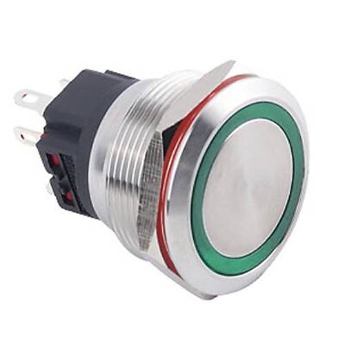 WD25B-P1-E 25mm Düz Yaylı Işıklı Metal Buton - Yeşil
