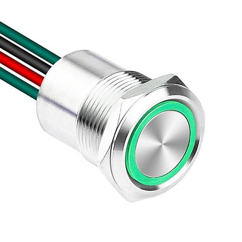 WD19D1-P2-E 19mm Düz Yaylı Işıklı Kablolu Metal Buton - Yeşil