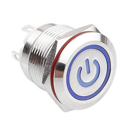 WD19H-P1-EC 19mm Düz Yaylı Işıklı Power Metal Buton - Mavi
