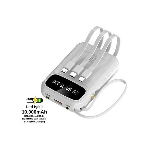 PW-97 2.4A LCD'li 1xUSB-A Dahili Mikro Type-C Lightning 10.000mAh Powerbank