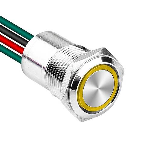 WD16D1-P2-E 16mm Düz Yaylı Işıklı Kablolu Metal Buton - Sarı