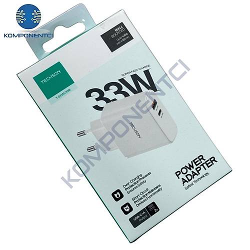 TECHSON 33W Type-C + USB Hızlı Şarj Adaptörü Şarj Başlığı Beyaz S11AC33B