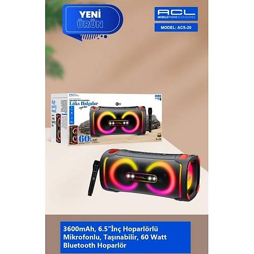ACS-20 60W Gücünde 2x6.5'' İnç Hoparlörlü Mikrofonlu Taşınabilir Parti Hoparlörü
