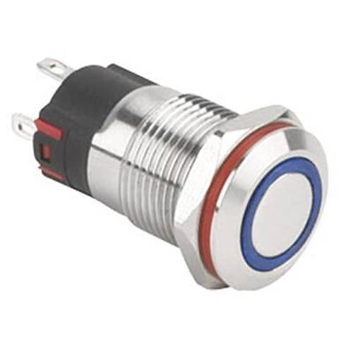 WD12A-P1-E 12mm Düz Yaylı Işıklı Metal Buton - Mavi