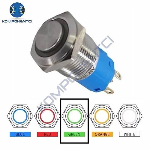 D20 16mm Metal Yeşil Halka Ledli Kalıcı Buton 24V