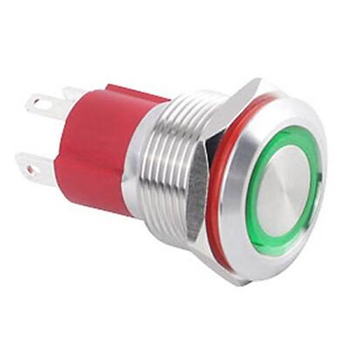 WD19D-P1-E 19mm Düz Yaylı Işıklı Metal Buton - Yeşil