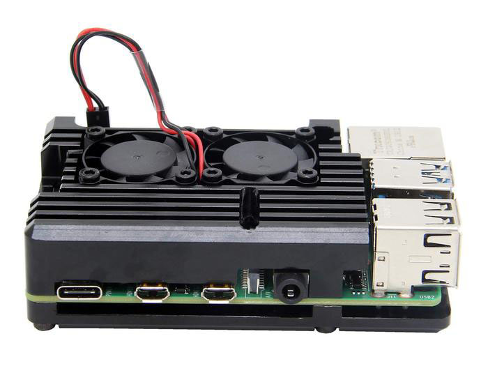 Heatsink Behuizing voor RPi 4 met Dubbele Ventilator - Zwart