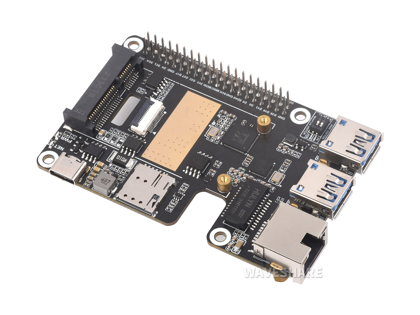PCIe naar MiniPCIe / Gigabit Ethernet / USB 3.2 Gen1 HAT voor Raspberry Pi 5