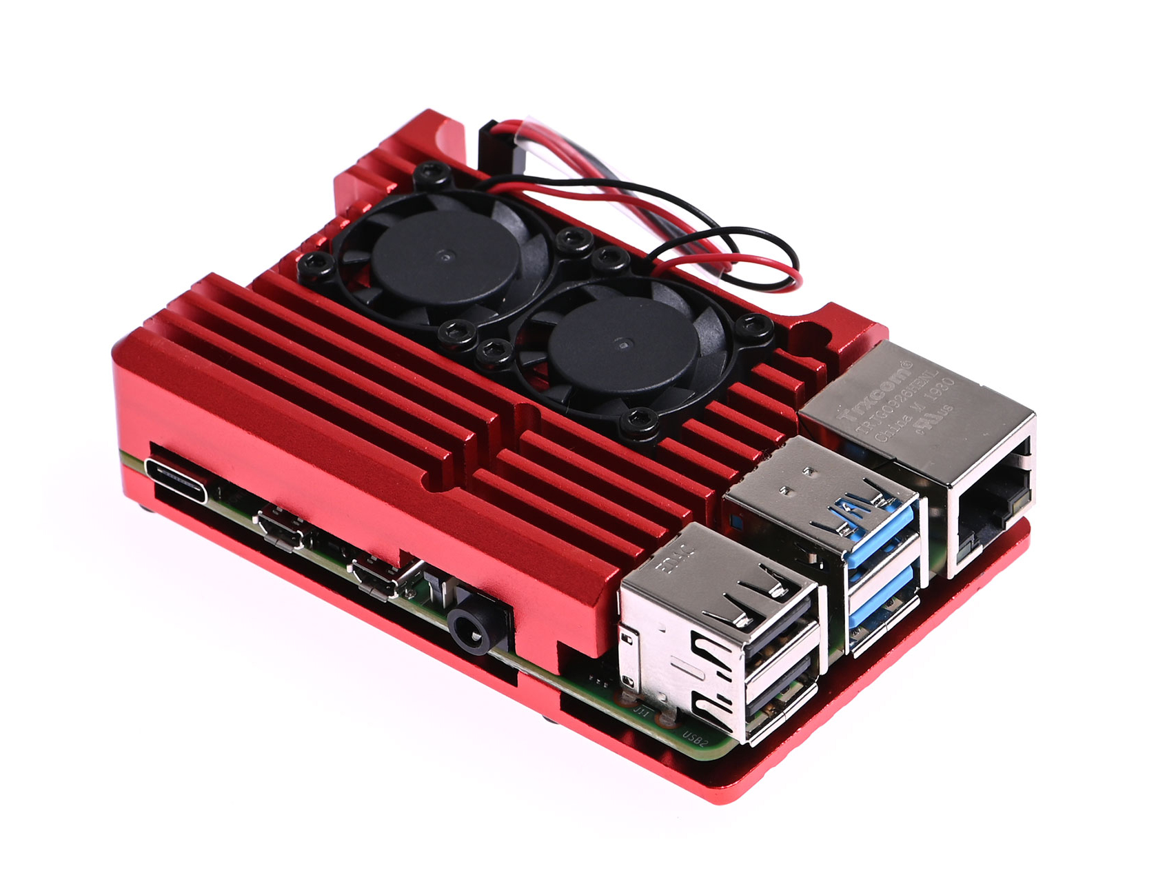 Heatsink Behuizing voor RPi 4 met Dubbele Ventilator - Rood