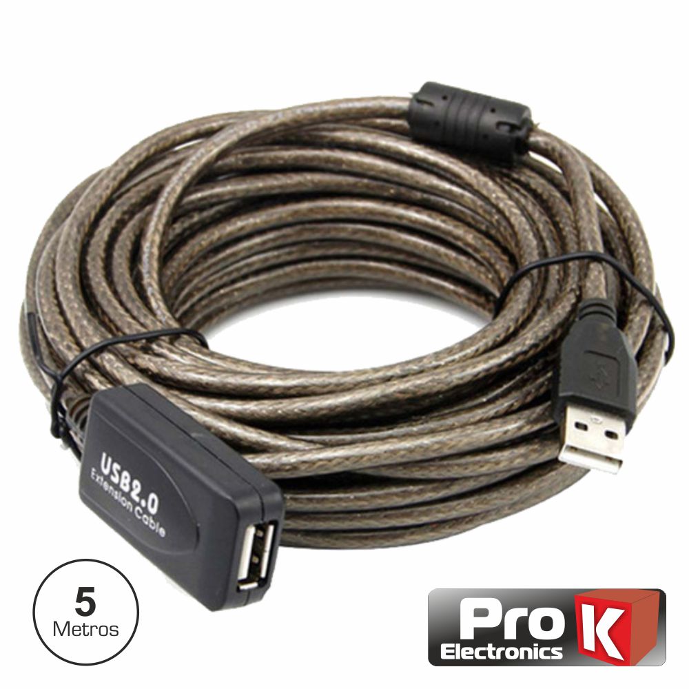 Cabo USB-A 2,0 Macho / USB-A Fêmea Amplificado 5m PROK
