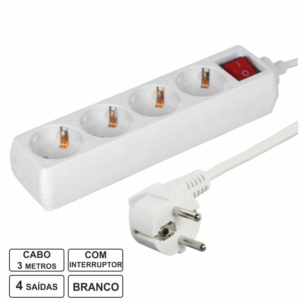 Tomada Elétrica C/ 4 Saídas 3m Branco